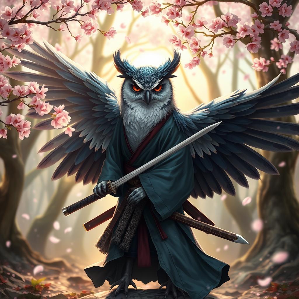 A fierce and noble winged Owlin samurai, dressed in traditional ronin attire, complete with a flowing kimono and katana at his side