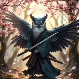 A fierce and noble winged Owlin samurai, dressed in traditional ronin attire, complete with a flowing kimono and katana at his side