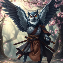 A fierce and noble winged Owlin samurai, dressed in traditional ronin attire, complete with a flowing kimono and katana at his side