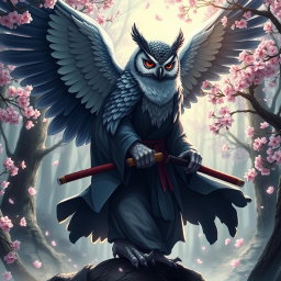 A fierce and noble winged Owlin samurai, dressed in traditional ronin attire, complete with a flowing kimono and katana at his side