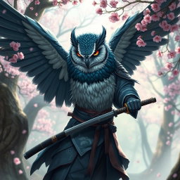 A fierce and noble winged Owlin samurai, dressed in traditional ronin attire, complete with a flowing kimono and katana at his side