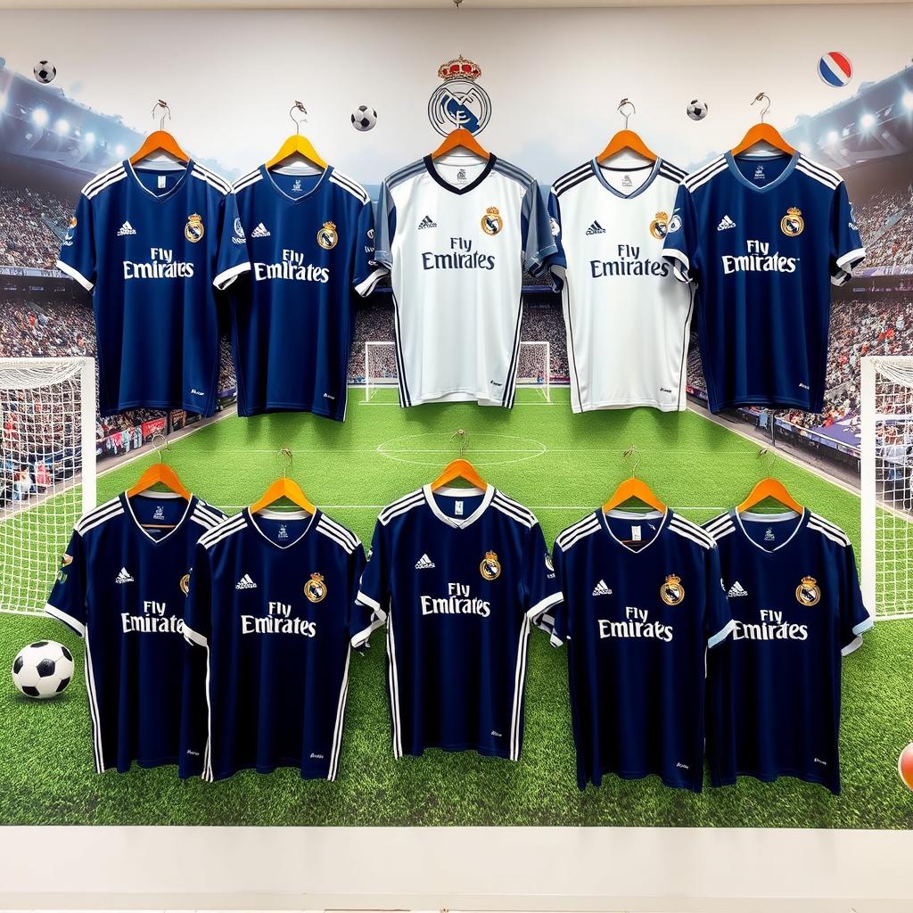 A beautifully arranged display featuring Real Madrid soccer jerseys, separated and showcased individually