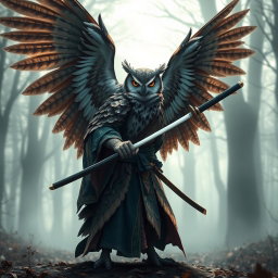 A majestic winged Owlin ronin samurai, standing confidently with a katana drawn