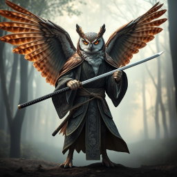 A majestic winged Owlin ronin samurai, standing confidently with a katana drawn