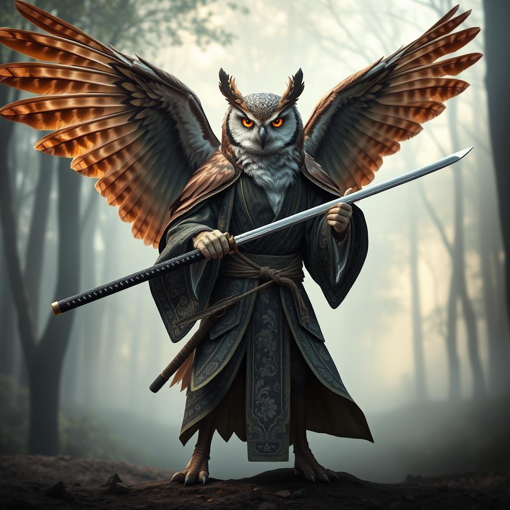 A majestic winged Owlin ronin samurai, standing confidently with a katana drawn