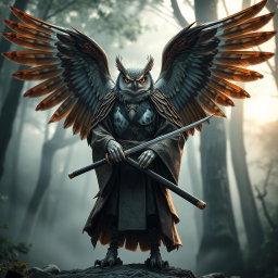 A majestic winged Owlin ronin samurai, standing confidently with a katana drawn