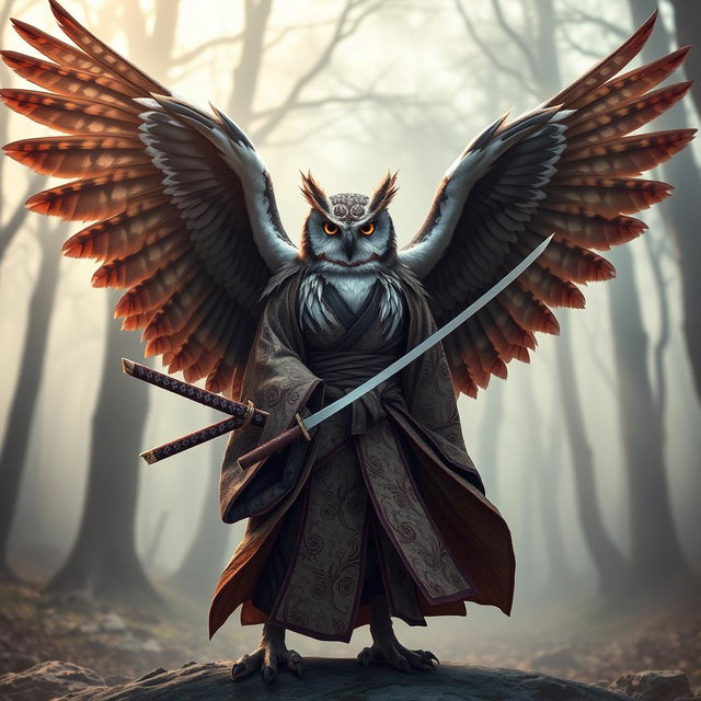 A majestic winged Owlin ronin samurai, standing confidently with a katana drawn