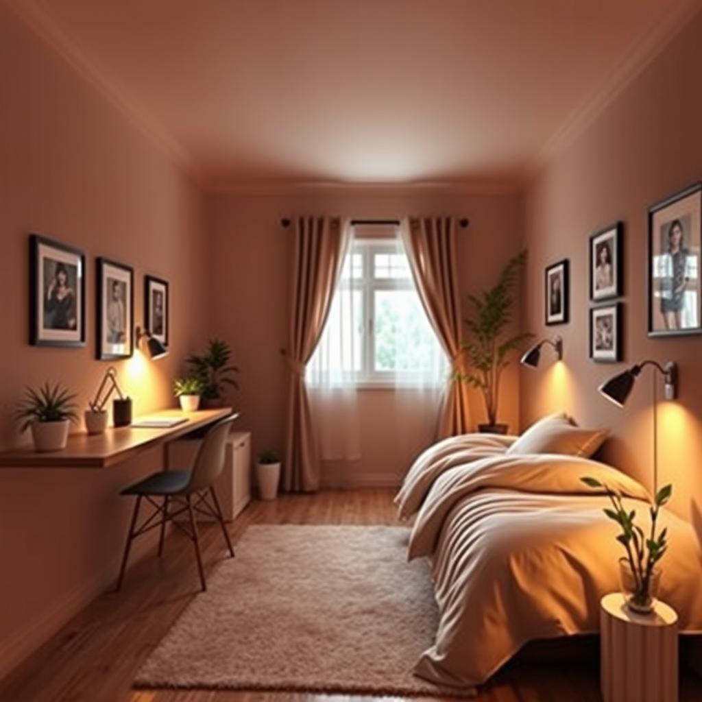 A cozy room measuring 2 meters in length and 3 meters in width, featuring soft, ambient lighting, warm earth tones on the walls, a comfortable bed with plush bedding, a small desk with a stylish chair, and a few decorative plants to enhance the atmosphere