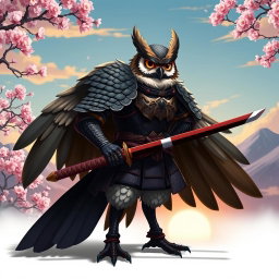 A winged Owlin character, dressed in traditional samurai armor with intricate patterns and textures, featuring large, feathery wings and piercing eyes that express wisdom and bravery