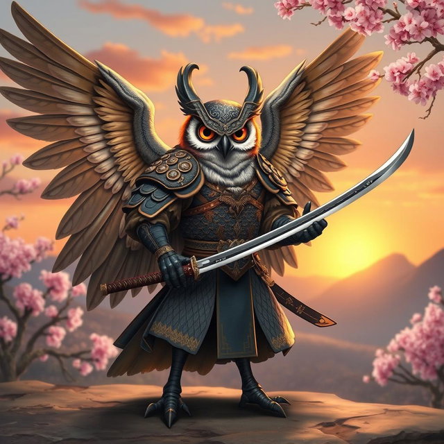 A winged Owlin character, dressed in traditional samurai armor with intricate patterns and textures, featuring large, feathery wings and piercing eyes that express wisdom and bravery