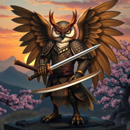 A winged Owlin character, dressed in traditional samurai armor with intricate patterns and textures, featuring large, feathery wings and piercing eyes that express wisdom and bravery