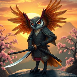 A winged Owlin character, dressed in traditional samurai armor with intricate patterns and textures, featuring large, feathery wings and piercing eyes that express wisdom and bravery
