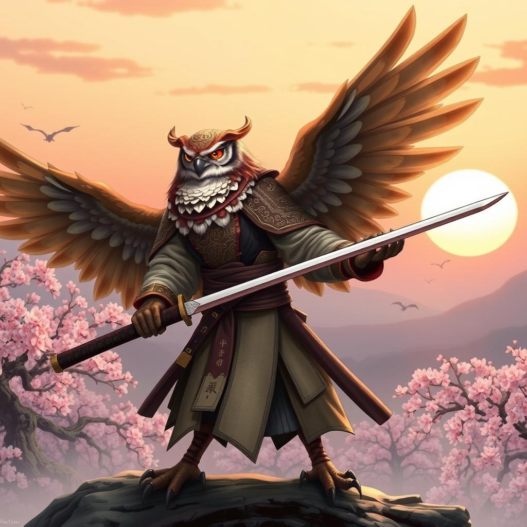 A majestic, winged Owlin character designed as a ronin samurai, featuring intricate feather patterns in rich hues of browns and whites