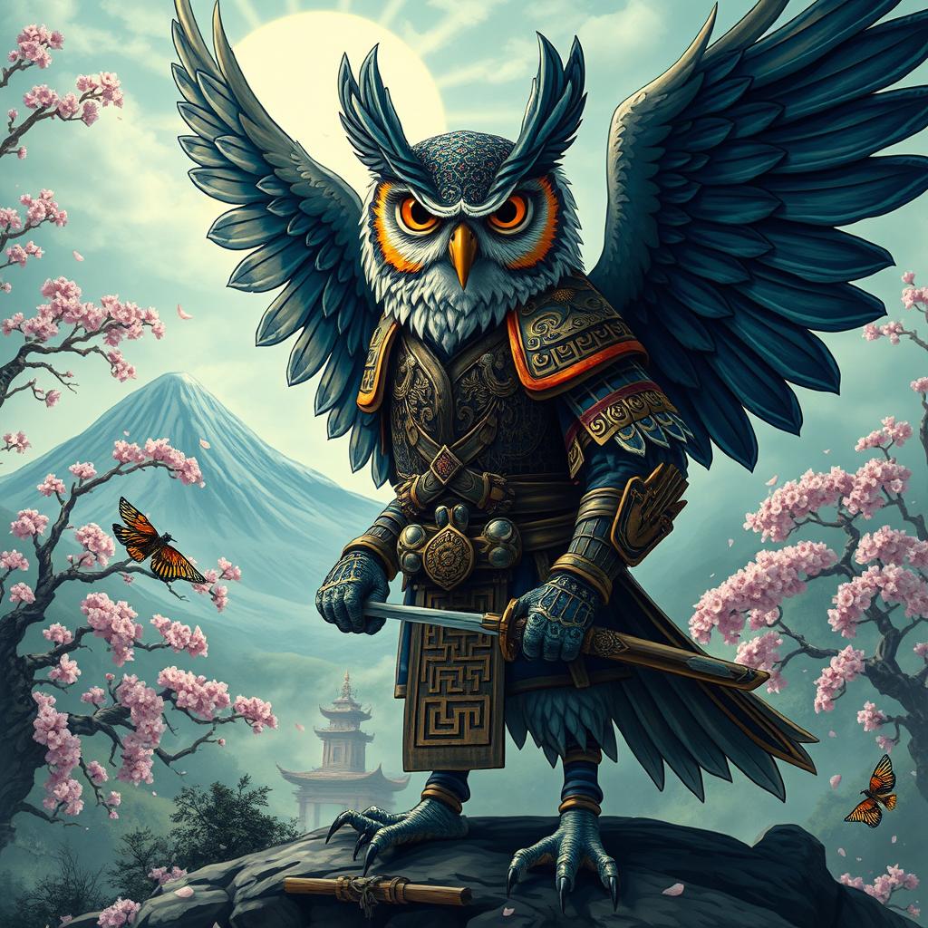 A majestic winged Owlin samurai, showcasing intricate samurai armor adorned with feathers and nature motifs