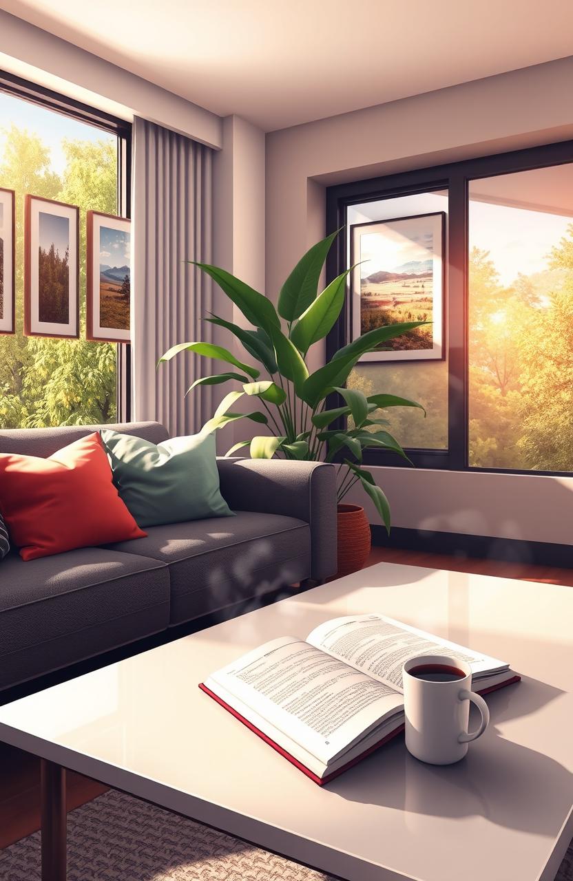 An artistic representation of a modern, stylish living room with a cozy atmosphere