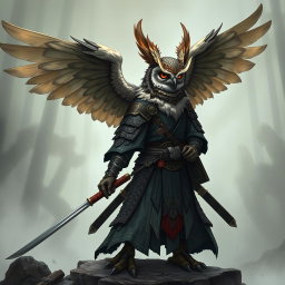 A detailed fantasy illustration of a Winged Owlin ronin samurai D&D character