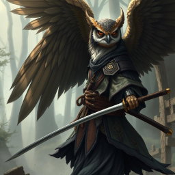 A detailed fantasy illustration of a Winged Owlin ronin samurai D&D character