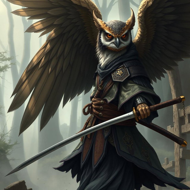 A detailed fantasy illustration of a Winged Owlin ronin samurai D&D character