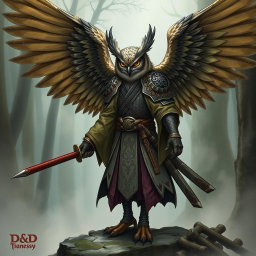 A detailed fantasy illustration of a Winged Owlin ronin samurai D&D character