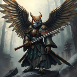 A detailed fantasy illustration of a Winged Owlin ronin samurai D&D character