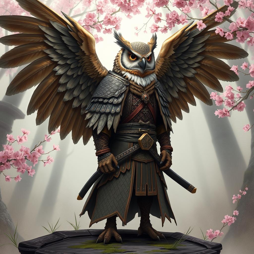 A winged Owlin character portrayed as a ronin samurai, with intricate feather patterns that reflect the sophistication of traditional samurai armor