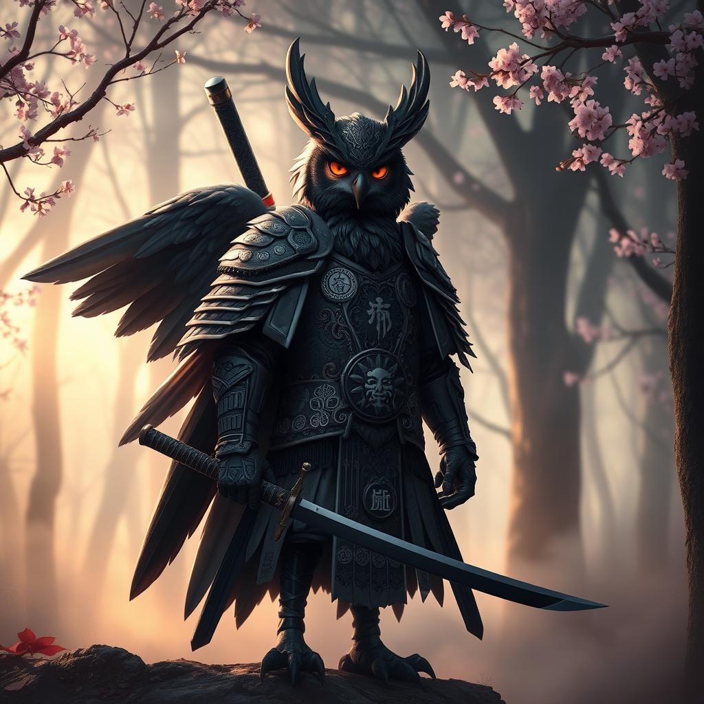 A striking black-winged Owlin ronin samurai character, standing poised with a katana in one hand, adorned in intricate armor that combines traditional samurai elements with feathers and mystical symbols