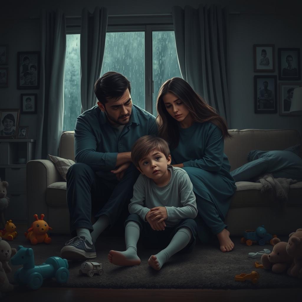 A touching portrayal of a family in a moment of sadness, sitting together in a dimly lit living room