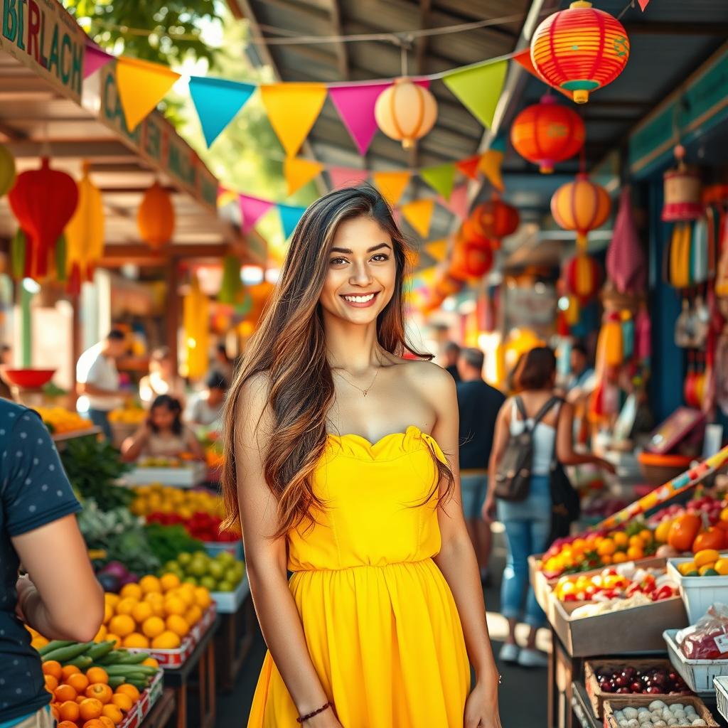 A vibrant, dynamic scene featuring a lively outdoor market filled with colorful stalls selling fresh fruits, vegetables, and handmade crafts