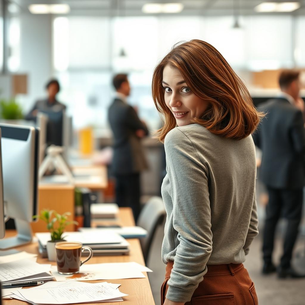 A woman in a lively office environment turns around suddenly, bumping into a desk