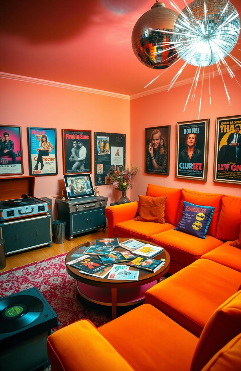 A vibrant retro-themed scene, showcasing a 1980s living room filled with vintage furniture, neon colors, and iconic decor