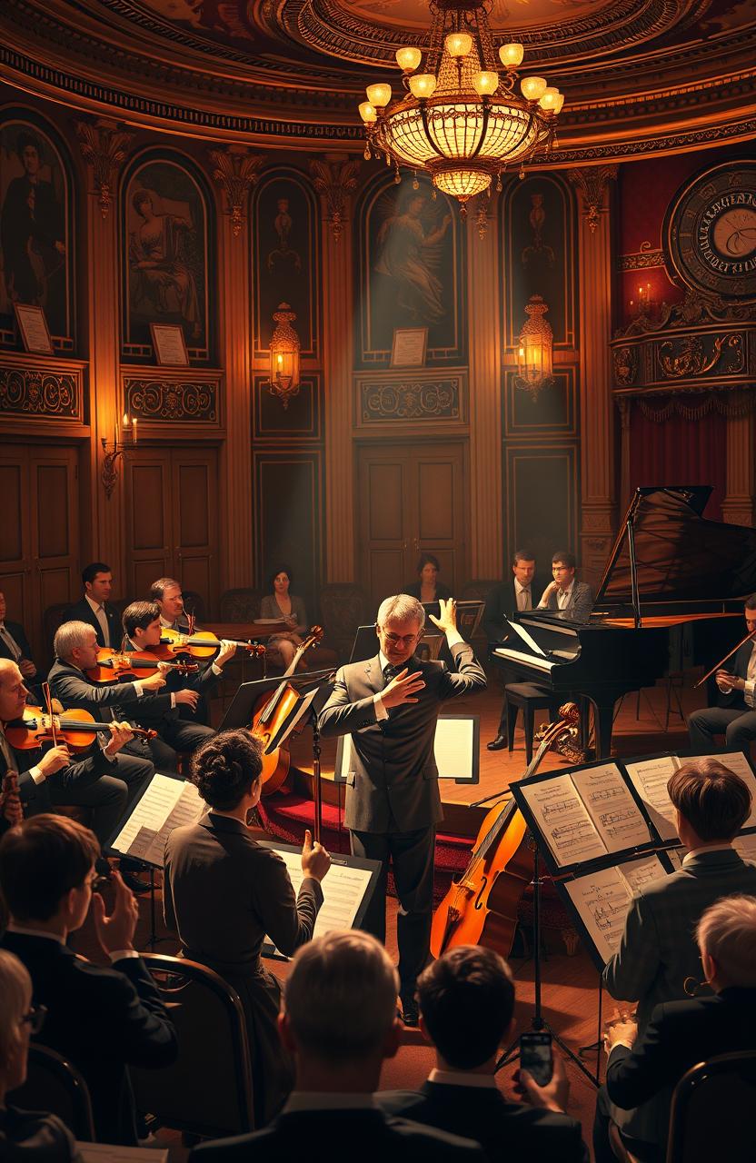 A retro Stravinsky-inspired concert scene featuring musicians in vintage attire from the early 20th century, with various instruments such as violins, cellos, and a grand piano, set in an ornate concert hall adorned with Art Deco elements
