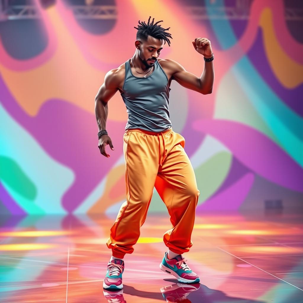A dynamic and energetic depiction of a male dancer, inspired by Shikabala, wearing vibrant and stylish dance clothes