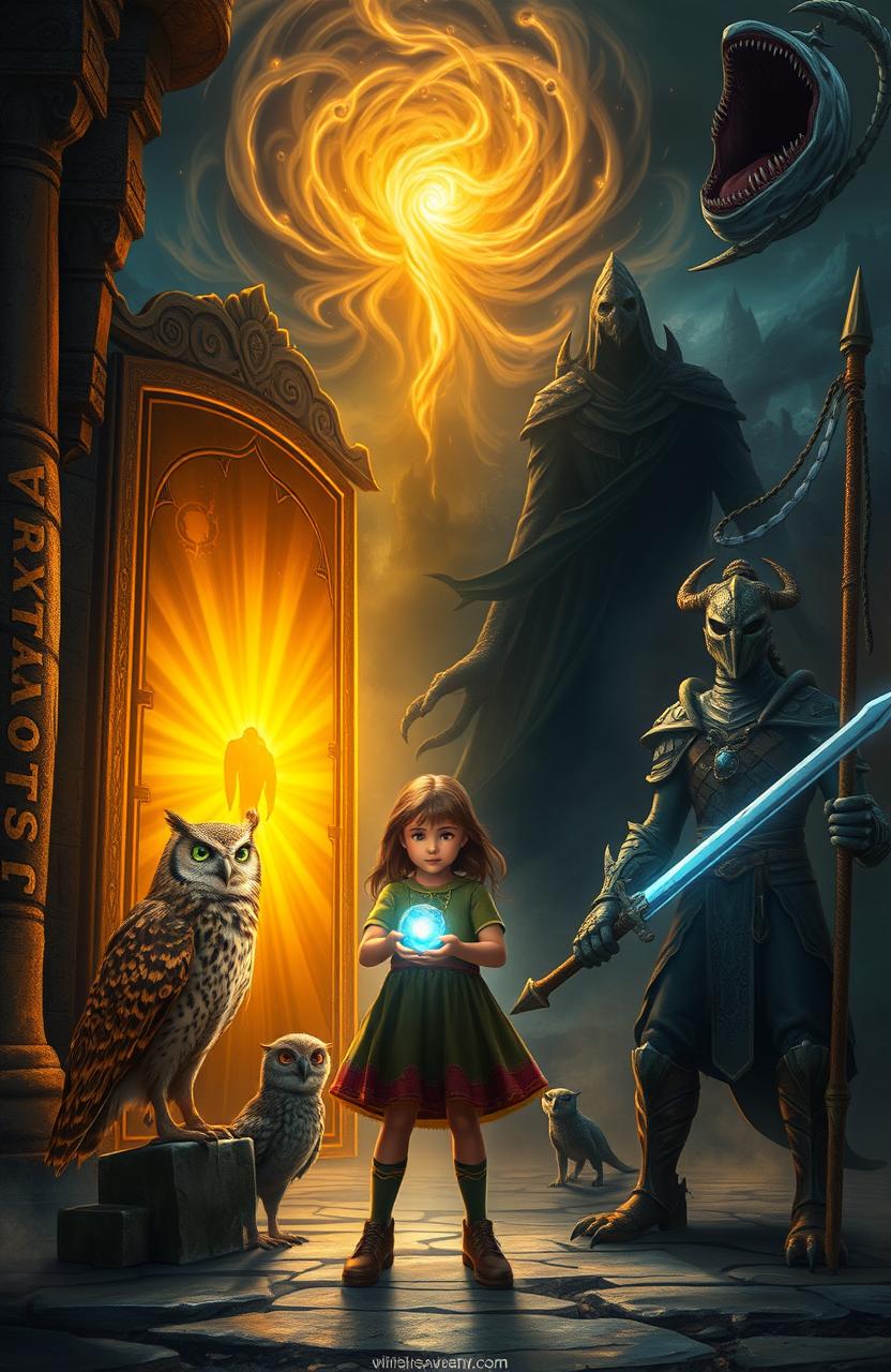 A young girl named Lucy Ravenswood stands between two towering ancient doors—one glowing in radiant golden light and the other enveloped in deep swirling shadows