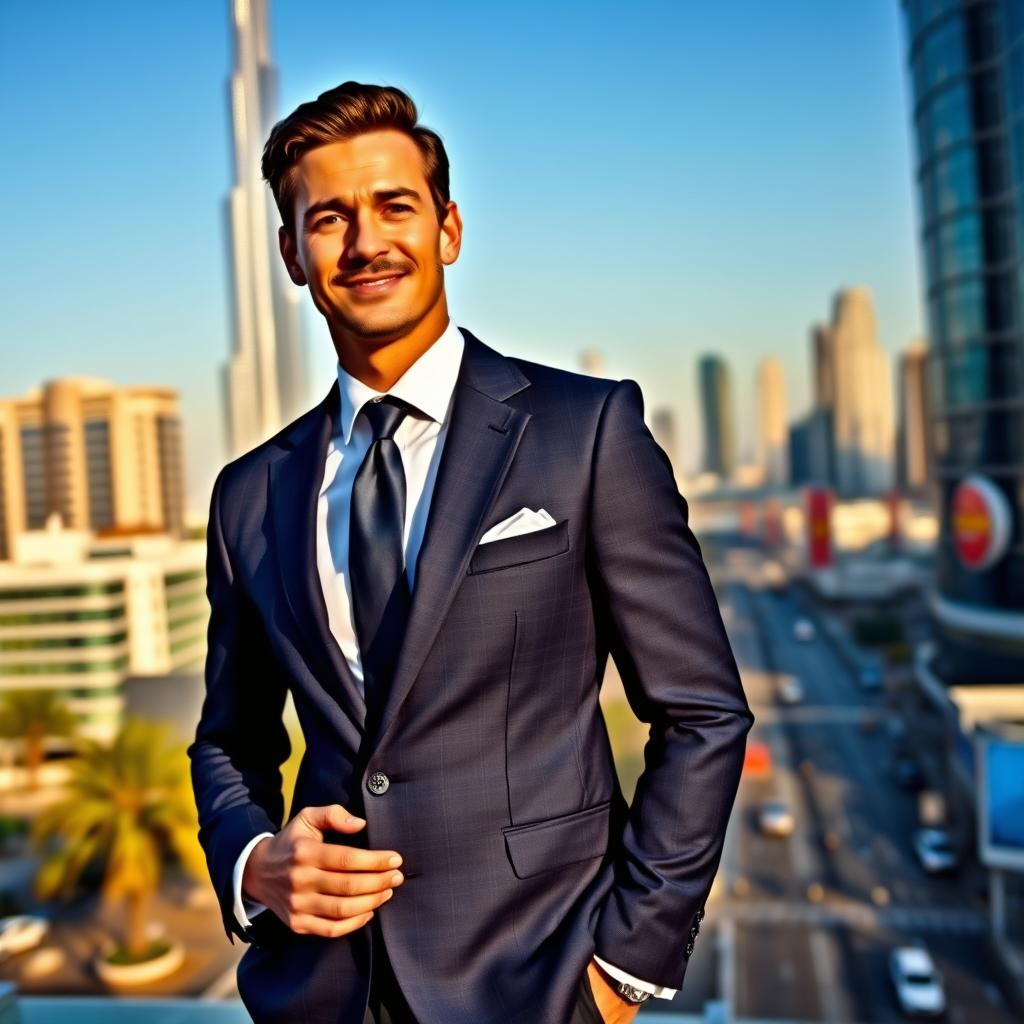 A sophisticated and elegant business person dressed in a beautiful tailored suit, standing confidently in a bustling Dubai skyline setting