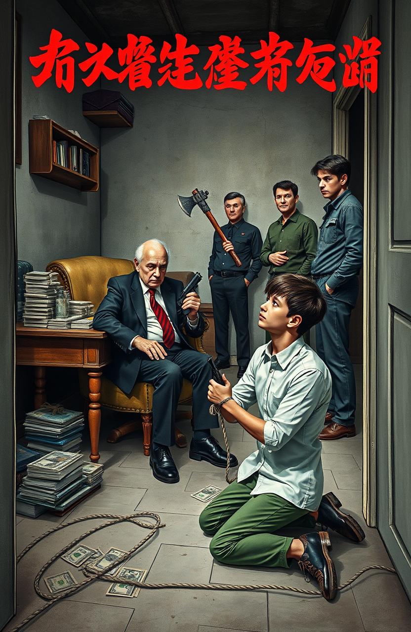A dramatic book cover featuring four characters in an unfinished and disorganized house