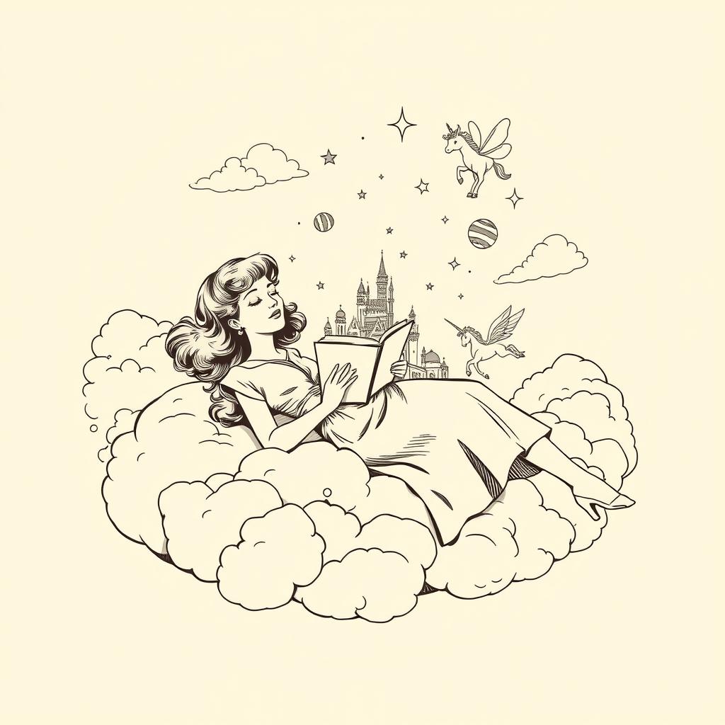 In a vintage illustration, a woman dressed in stylish 1960s American vintage clothing lies peacefully on a fluffy cloud, holding an open book and captivated by its contents