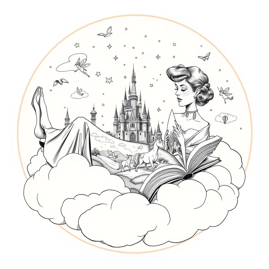 In this vintage illustration, a woman dressed in elegant 1960s American-style clothing is lying gracefully on a fluffy cloud, holding an open book as she reads