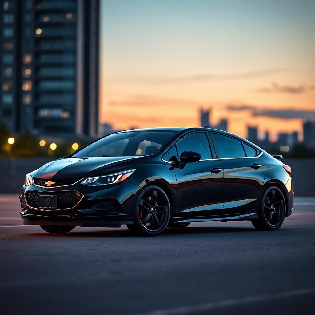 A sleek black Chevrolet Cruze sedan parked on an urban street at dusk, showcasing its glossy black vinyl wrap and striking black rims