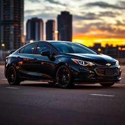 A sleek black Chevrolet Cruze sedan parked on an urban street at dusk, showcasing its glossy black vinyl wrap and striking black rims