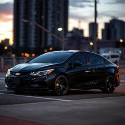 A sleek black Chevrolet Cruze sedan parked on an urban street at dusk, showcasing its glossy black vinyl wrap and striking black rims