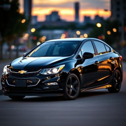 A sleek black Chevrolet Cruze sedan parked on an urban street at dusk, showcasing its glossy black vinyl wrap and striking black rims