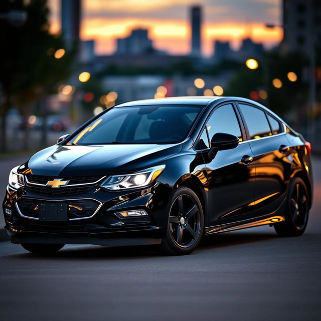 A sleek black Chevrolet Cruze sedan parked on an urban street at dusk, showcasing its glossy black vinyl wrap and striking black rims