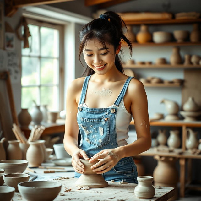 Charming Korean Woman Creating Pottery