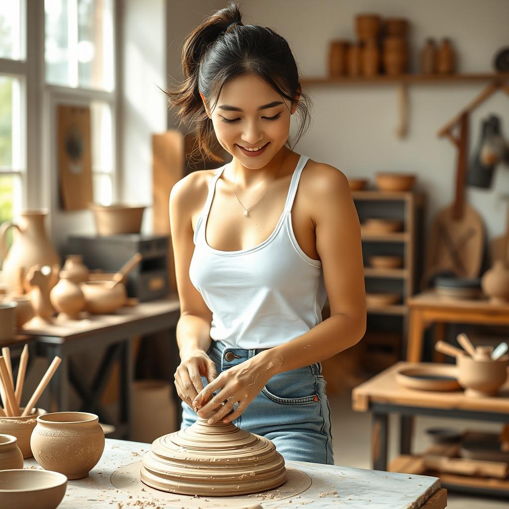 Charming Korean Woman Creating Pottery