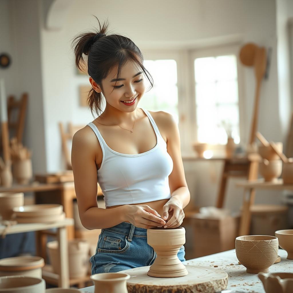 Charming Korean Woman Creating Pottery
