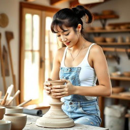 Charming Korean Woman Creating Pottery
