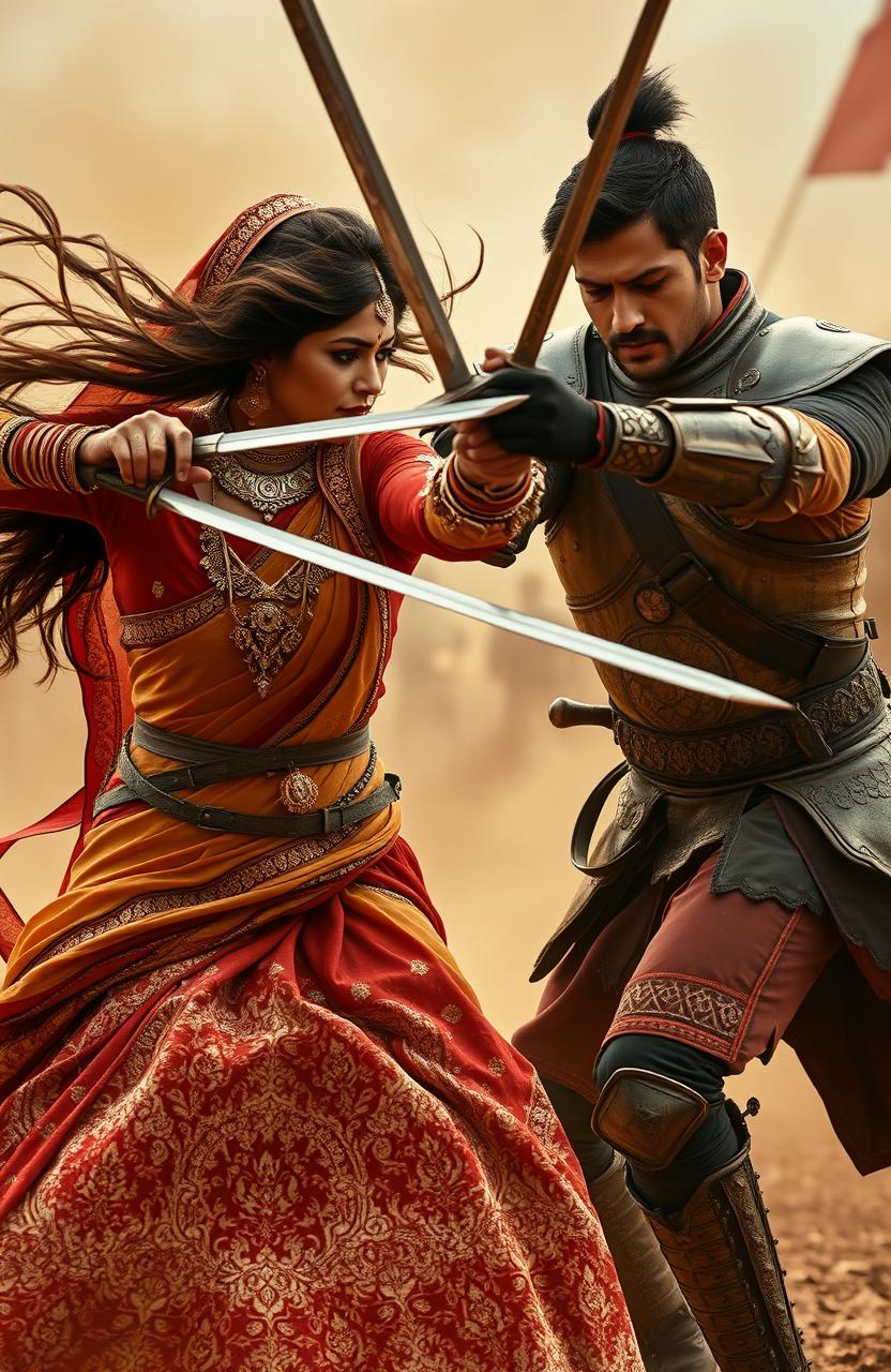A dramatic battlefield scene featuring a fierce duel between a man and a woman