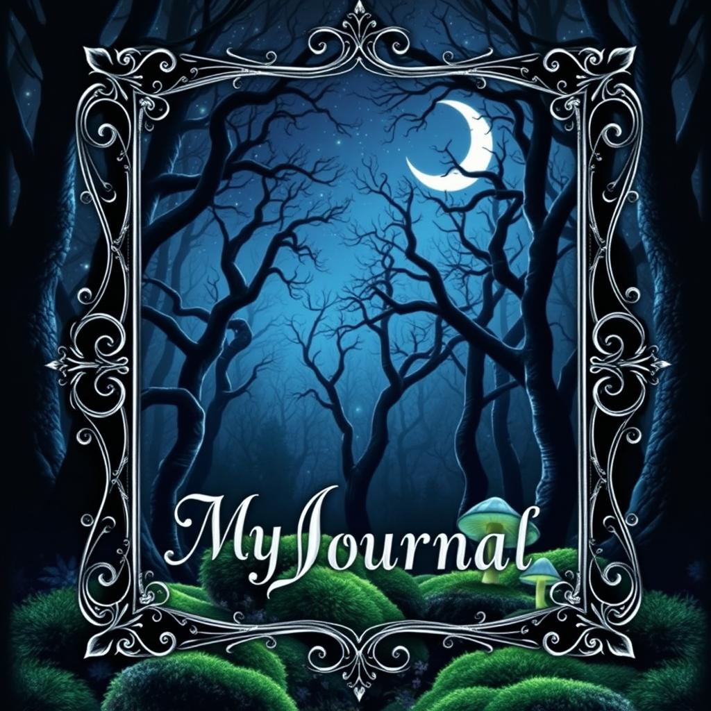 A beautifully designed dark themed journal cover featuring a mystical forest at night
