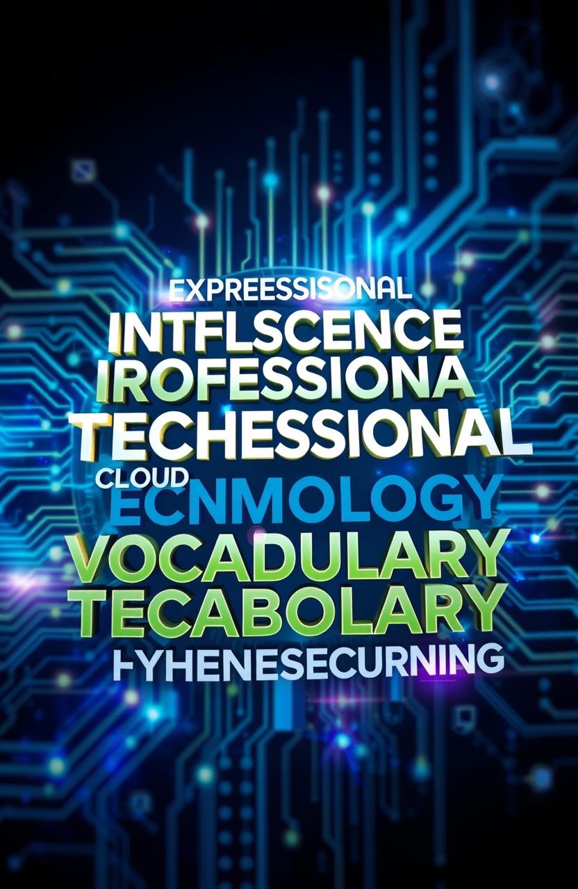 A vibrant and dynamic composition showcasing an array of professional technology vocabulary terms