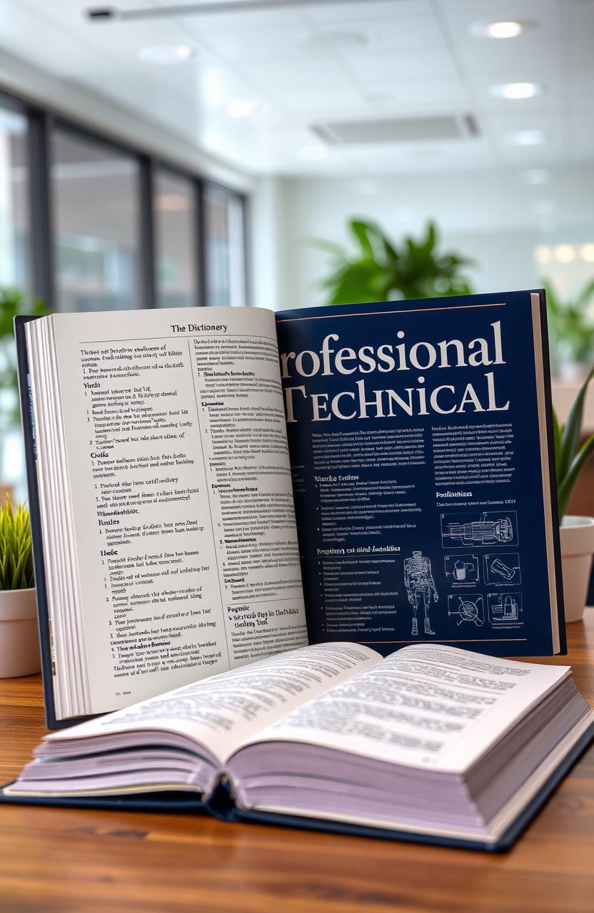 A beautifully designed dictionary titled "Professional Technical" displayed open on a wooden desk